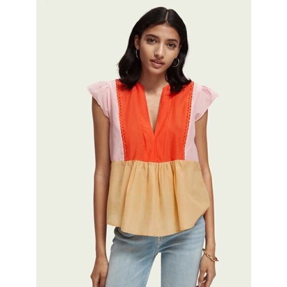 Scotch & Soda Amsterdam V Neck Flutter Short Sleeve Color Block Top Size Small - Picture 1 of 10